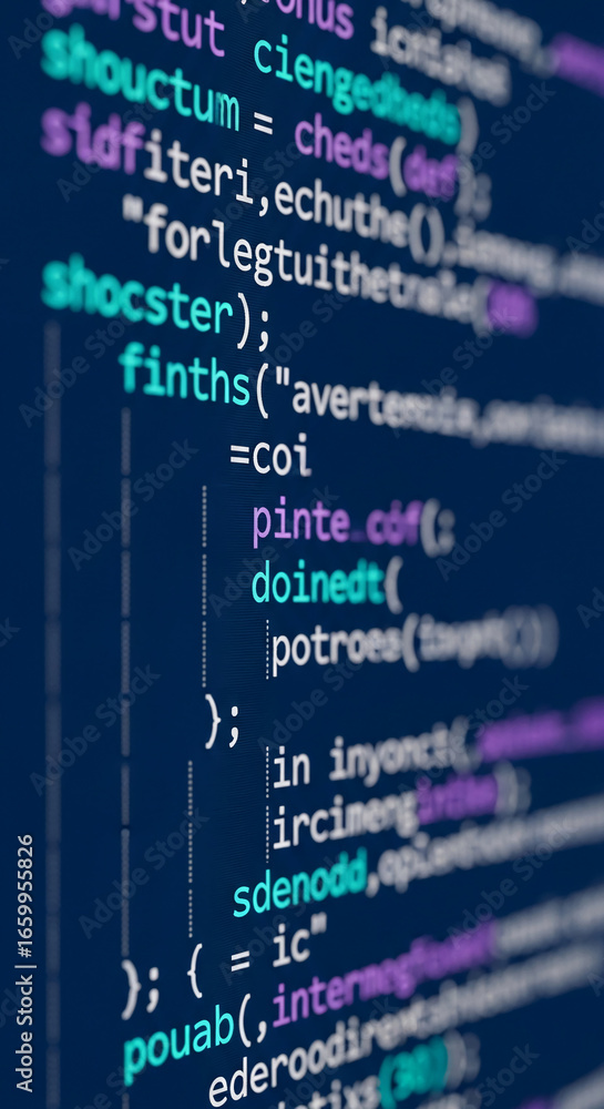 Poster close-up of computer code lines, showcasing teal and purple text on a dark-blue background, represen