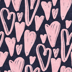Seamless pattern with hearts in doodle style.    Acrylic painting. Hand-drawn illustration.