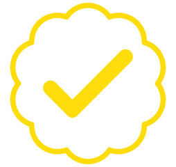 Yellow check mark inside rounded outline badge, flat PNG icon with transparent background for...