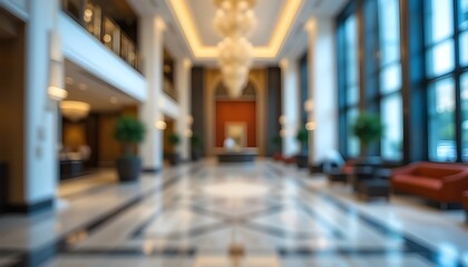 Elegant Abstract Blur Interior of Modern Hotel Lobby with Bright Ambient Lighting