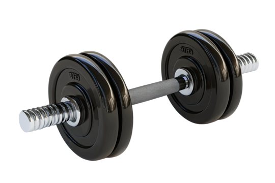 Black dumbbell for strength training and fitness workout isolated on white transparent background