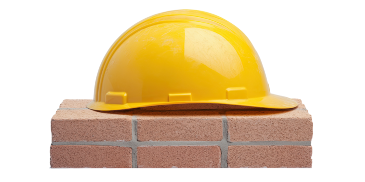 Yellow safety helmet on bricks construction concept isolated on white transparent background