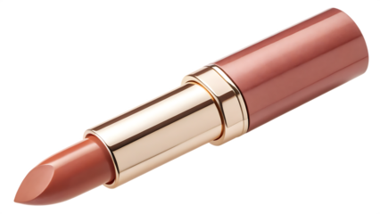 A sophisticated nude lipstick, isolated on transparent background, embodies understated elegance and timeless beauty, perfect for creating a natural and polished makeup look for any occasion