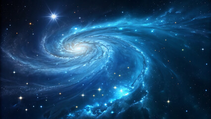 A breathtaking view of a spiral galaxy in deep space showcases swirling blue nebulas, countless stars, and cosmic dust, creating a mesmerizing and awe inspiring scene of the vast universe