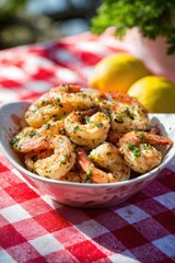 Fototapeta premium Delicious grilled shrimp with parsley and lemons in bowl