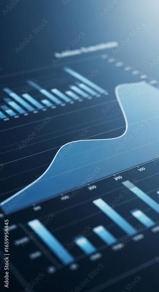 Poster close-up of blue graphs and charts on dark background, showcasing data visualization and business an