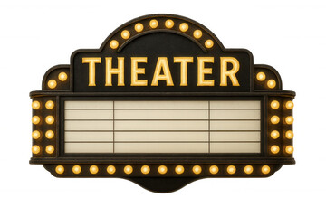 Empty vintage theater marquee sign with glowing lights, isolated on transparent background, providing copy space for your message