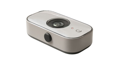 Sleek, light-colored camera with lens, buttons, and indicator light on black