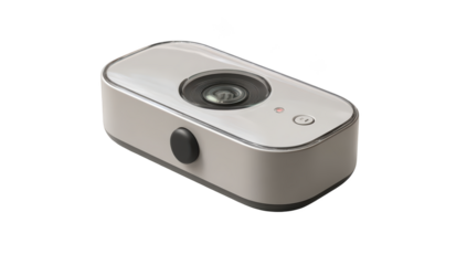Sleek, light-colored camera with lens, buttons, and indicator light on black
