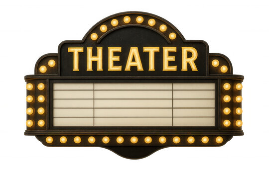 Empty vintage theater marquee sign with glowing lights, isolated on transparent background, providing copy space for your message