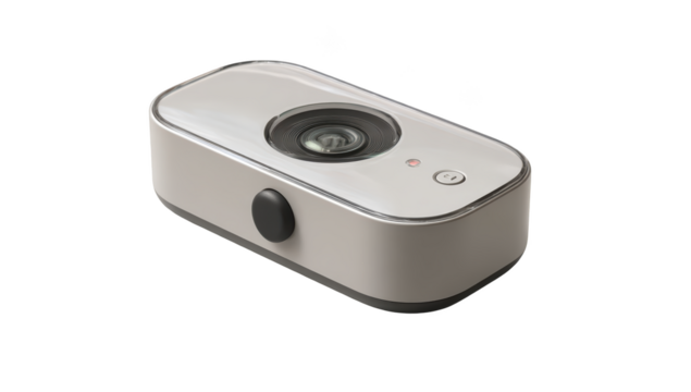 Sleek, light-colored camera with lens, buttons, and indicator light on black