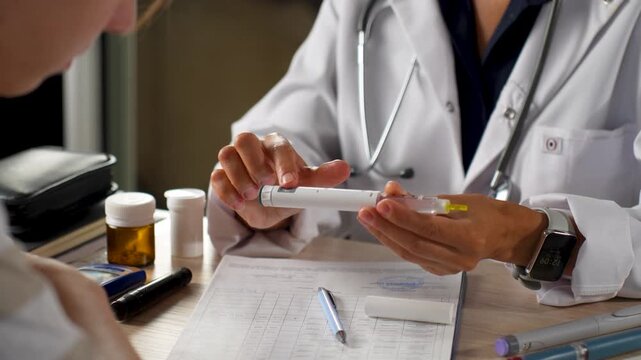 Doctor showing insulin pen to patient during consultation