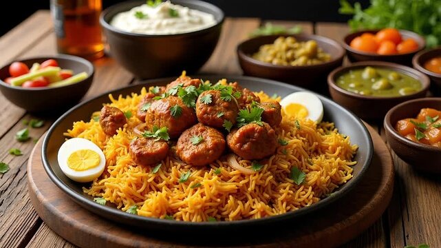 Delicious Indian cuisine, flavorful rice and meatball biryani with vibrant sauces, perfect for food blogs and culinary adventures, enticing taste buds now