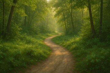 Obraz premium Serene forest path with sunlight