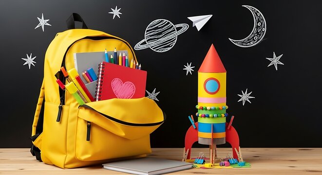 Back to school adventure yellow backpack rocket galaxy dreams creative learning space theme imagination childhood education concept - Powered by Adobe
