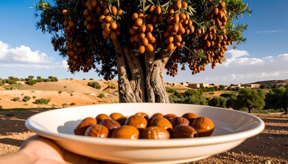 Hand holding plate of argan nuts under argan tree