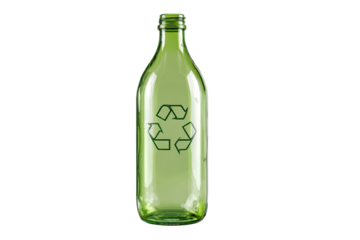 Green glass bottle with recycle symbol, isolated on black background