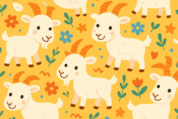 Fototapeta premium Playful Goats Pattern Design, Illustration, Cheerful Environment, Colorful