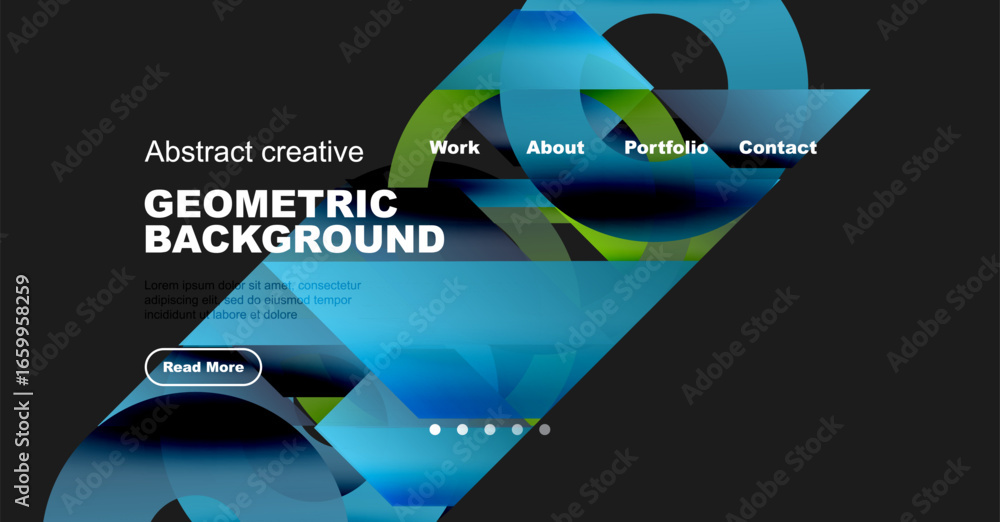 Poster abstract design features vibrant blue, green shapes. text includes geometric background, navigation 