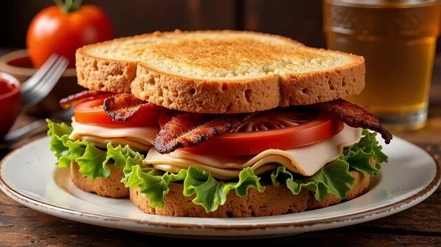 Delicious blt sandwich with crispy bacon, lettuce, tomato, and turkey, presented with golden beer, inviting summer vibes, food and drink indulgence