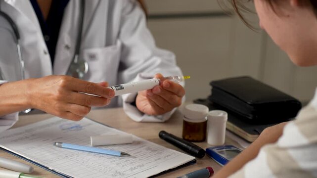 Doctor showing insulin pen to patient during consultation