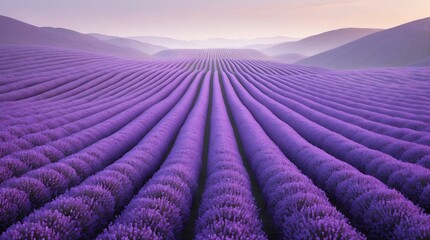 Fototapeta premium High-angle, wide shot of a vast lavender field at sunrise, showcasing rows of purple lavender plants extending to the misty horizon, creating a tranquil and serene