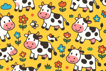 Obraz premium Playful Otters Frolicking in Colorful Floral Scene - Cute Illustration