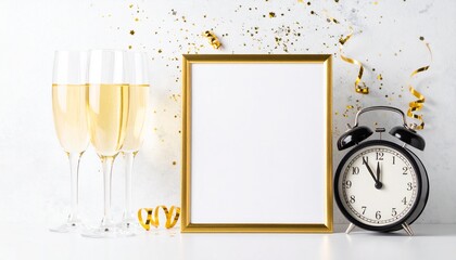 New Year's Eve Celebration with Champagne, Countdown Clock, and Blank Frame