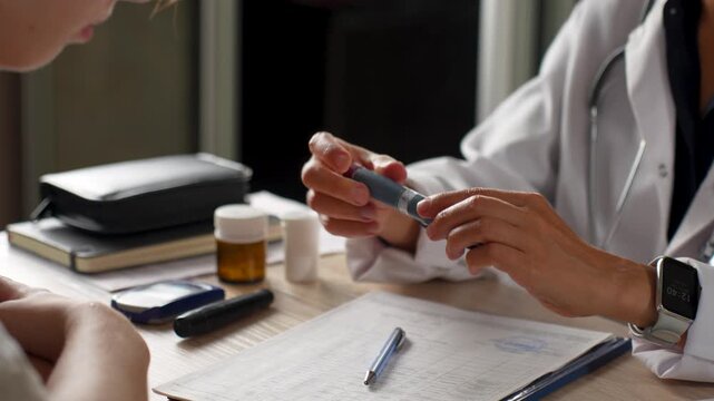 Doctor consulting patient with insulin pen and diabetes medication
