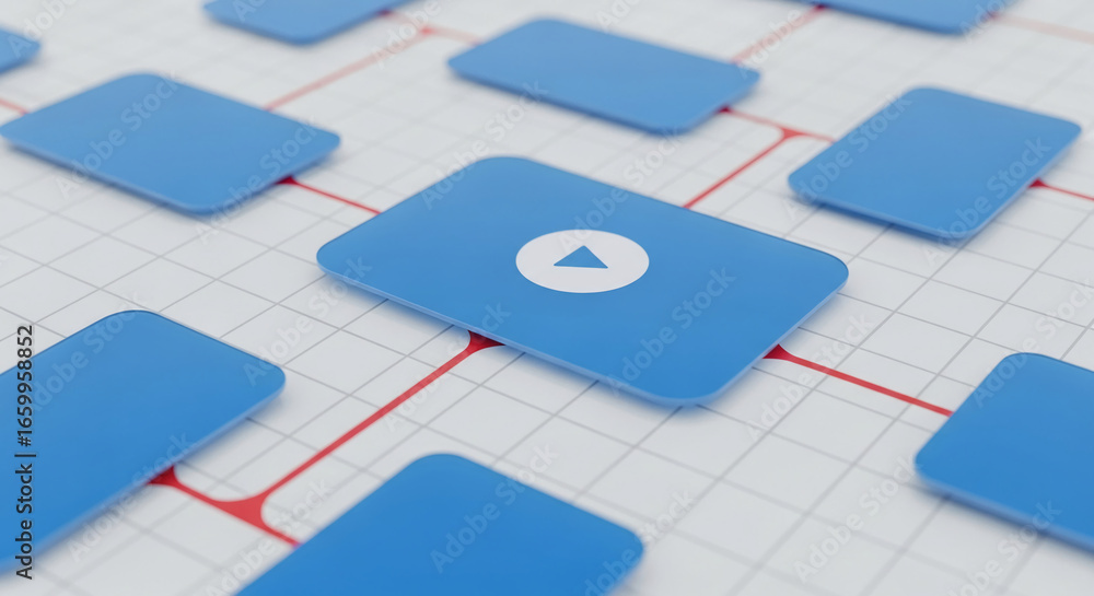 Poster blue rectangular blocks connected by red lines on a grid background, one block features a play butto