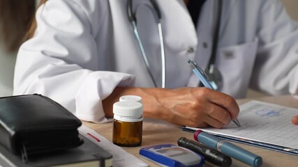 Doctor writing medical prescription with diabetes medication on desk - Powered by Adobe