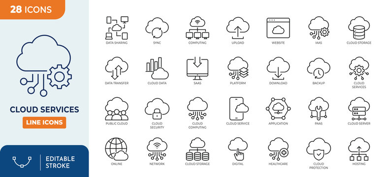 Cloud Services line editable icon set. Editable stroke. Vector Illustration