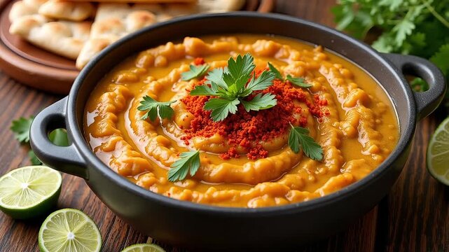 Creamy butternut squash soup swirling with vibrant spices, a delicious vegan meal to warm you up this fall, served with lime and naan