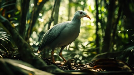 Naklejka premium Exotic Grey Bird Portrait Amidst Lush Greenery and Sunlight in its Natural Habitat