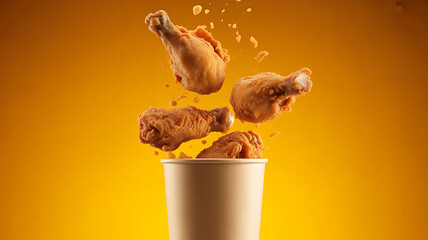 Delicious Crispy Fried Chicken Delight A Mouthwatering Feast Falling into a Bucket on a Vibrant Yellow Background