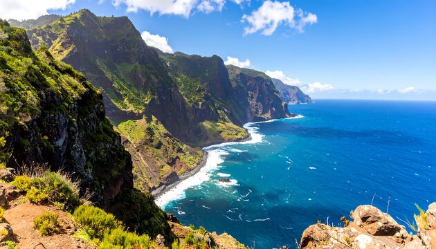 Dramatic coastal landscape, rugged cliffs meet turquoise sea - Powered by Adobe