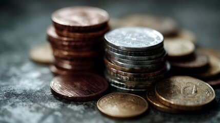 Diverse foreign currency and coins in a financial setting