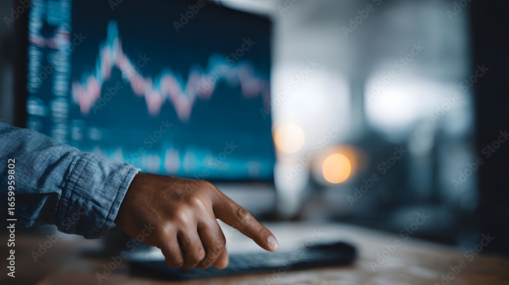 Poster finance manager reviewing performance dashboard in tech driven finance setting