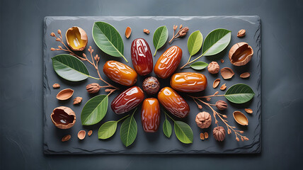 Elegant Still Life of Dates and Leaves Artistic Arrangement on Slate a Celebration of Natural Forms and Colors