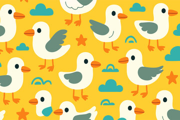 Naklejka premium Colorful Action Pattern of Birds on Yellow Background, Fun Illustration, Playful