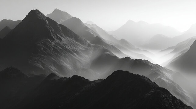 Monochromatic photograph showcasing a mountain range shrouded in a misty atmosphere view
