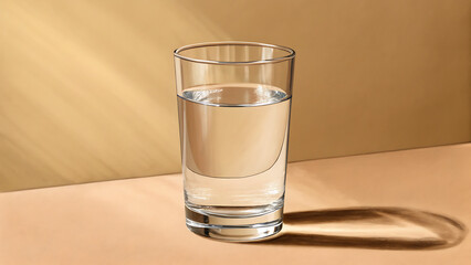 A clear glass of water sits on a beige surface, casting a soft shadow, symbolizing hydration and refreshment