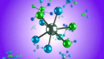 A three-dimensional illustration of various molecules, showcasing vibrant green, blue, and metallic colors against a softly shaded purple background.