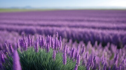 Naklejka premium Lavender field perspective: Close-up view of vibrant purple lavender flowers in full bloom, showcasing rows of plants with a calm and serene mood, photographed outdoors