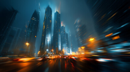 Ghostly silhouettes of towering modern buildings superimposed over a dynamic urban scene with blurred lights and moving vehicles, creating a sense of temporal fluidity, sharp details, full HD.
