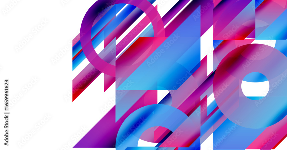 Poster abstract geometric composition. vivid blues, purples, pinks intersect. dynamic shapes create modern 