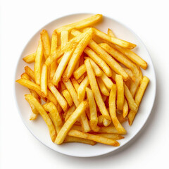 French fries on a white plate top view isolated on a white background