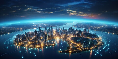 Obraz premium Telecommunication network above Europe viewed from space . Created with Generative AI technology.