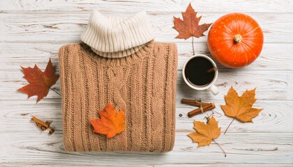 Cozy Autumn Scene Warm Sweater, Pumpkin, Coffee, and Fall Leaves on a Wooden Table