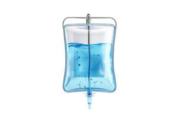 IV bag with blue liquid, hanging from a metal stand. Transparent bag